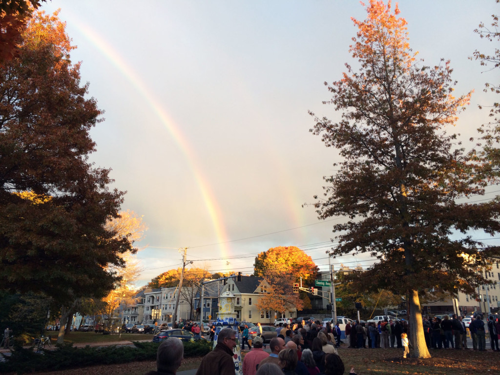 Double rainbow was spotted by Michaud supporters waiting in line to see President Obama this October.     -West End NEWS Photo