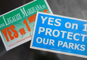 Ballot Initiative Signs, "Yes on 1 Marijuana Legalization" and "Yes on 1 Protect Our Parks"