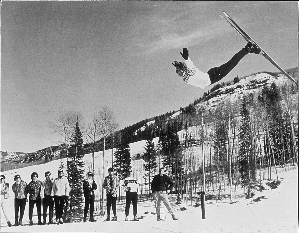 Norwegian skier Stein Eriksen, performing one of his signature layout flips.  (Stein Eriksen Collection