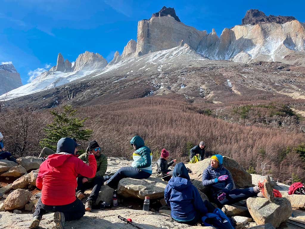 WEN - Hikers taking a break and trying to stay warm in Patagonia along the W Trek in September