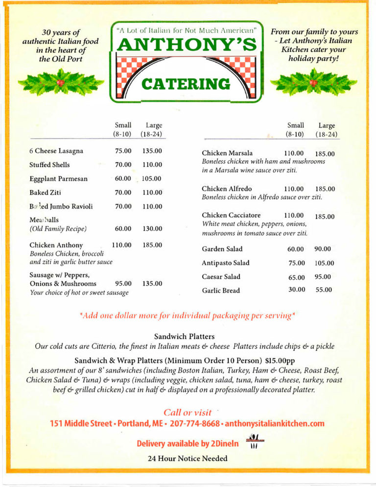 Anthony S Italian Kitchen Catering Menu The West End News