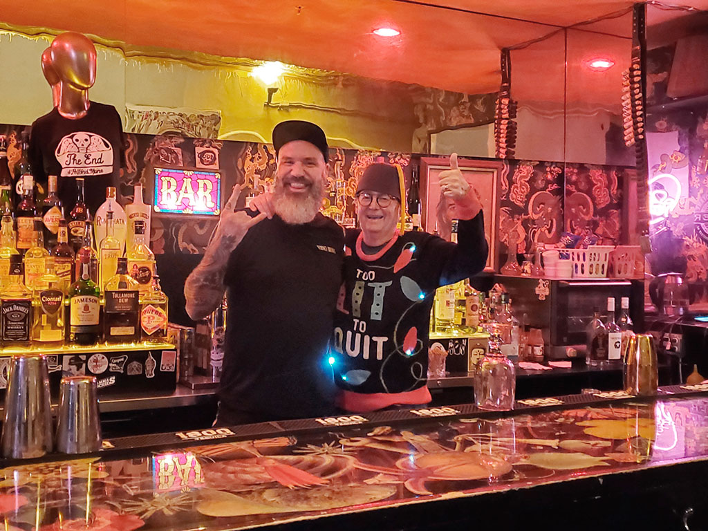 West End News - Layne's Wine Gig - Layne Witherell behind the bar with Ben at The End