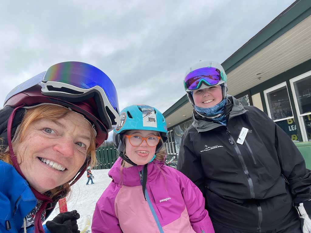 Nancy with student Mallory and fellow NEDS pre-adult coach Paige at Loon Mountain