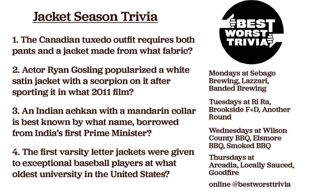 Best Worst Trivia - Jacket Season Trivia for October Ed. of The West End News