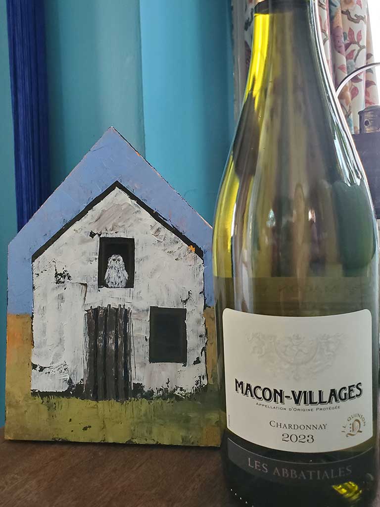 Wine pairing with art - "How Much is that Owl in the Window" by Sheep Jones with bottle of Macon-Villages 2023