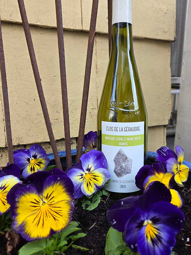 Clos De La Geraudrie bottle in flower bed for Layne's Wine Gig Presents Spring Fever Wines