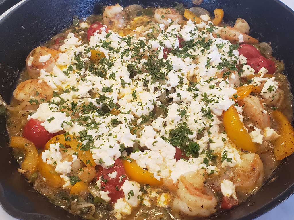 Shrimp Santorini in cast iron skillet