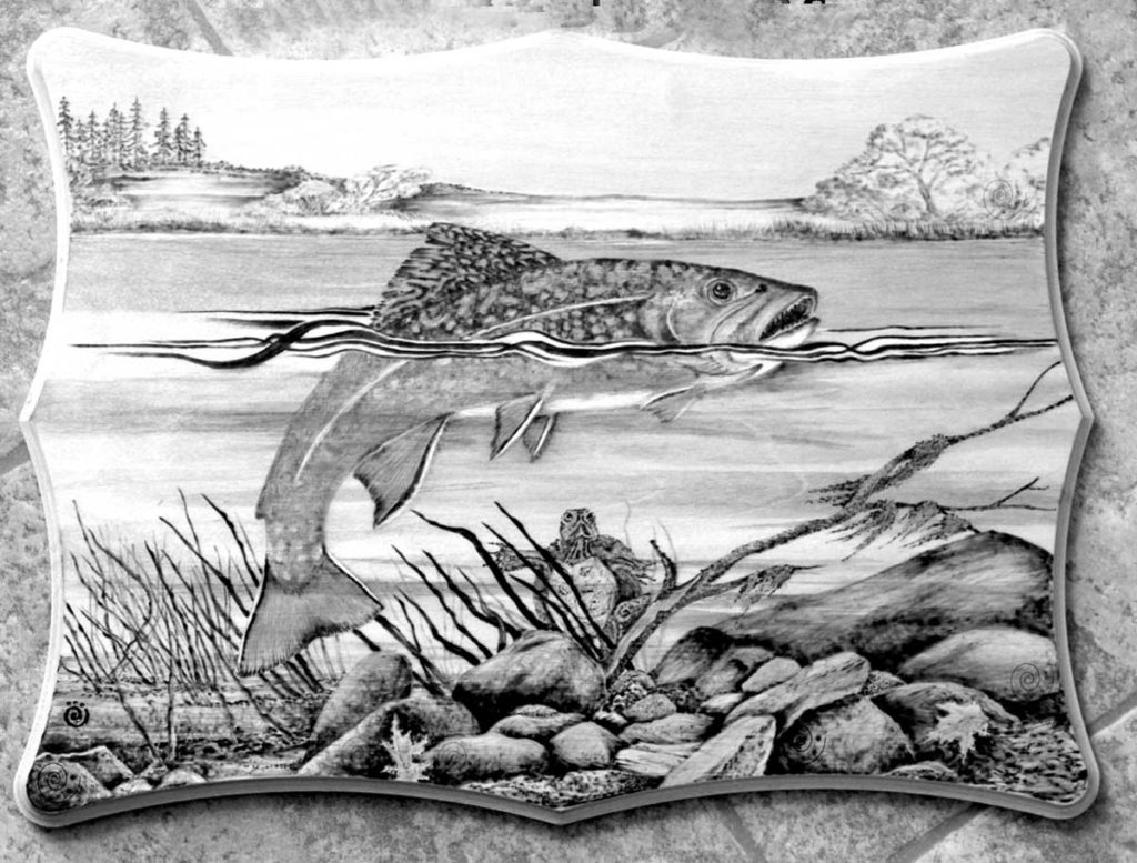 West End News - Brook trout design on wood-burned plaque by Maine craft artist Laurie Babineau