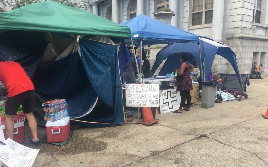 Homelessness protest encampment in front of Portland (ME) City Hall (July 2020). -WEN file photo by Erin Zeli