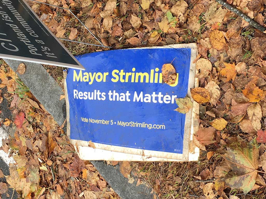 West End News - Campaign sign trash - toppled Mayor Strimling sign by Tony Zeli