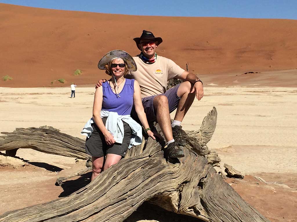 Nancy Dorrans at Deadvlei in Namibia, with Rudolf Badenhorst of Madikela Tours