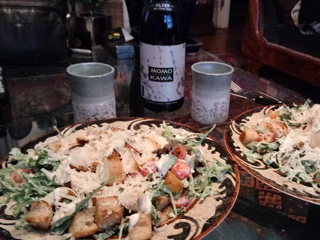 West End News - Chicken Ceasar salad and Momo Kawa Sake