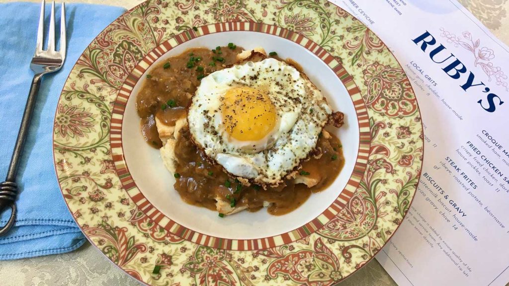 West End News - Biscuits and gravy with fried egg and Ruby's West End menu