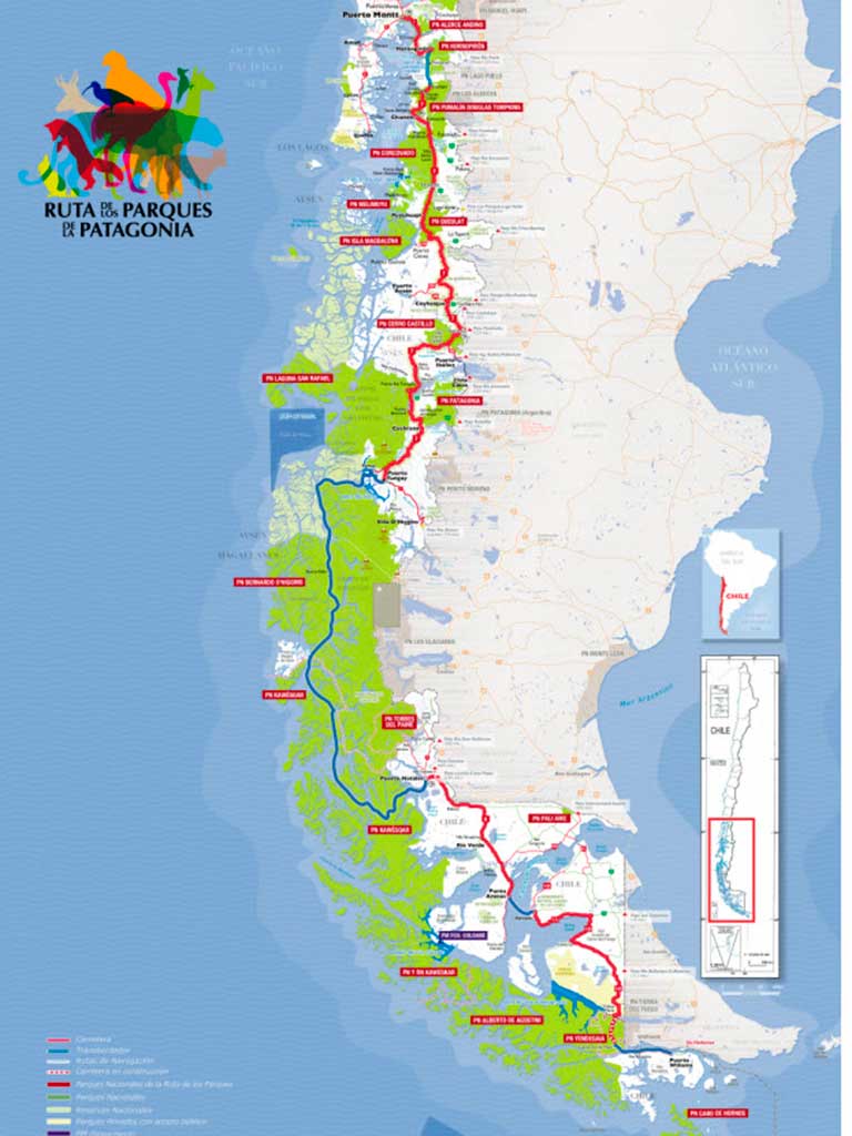 Map of the National Parks of Chile - ruta de los parques