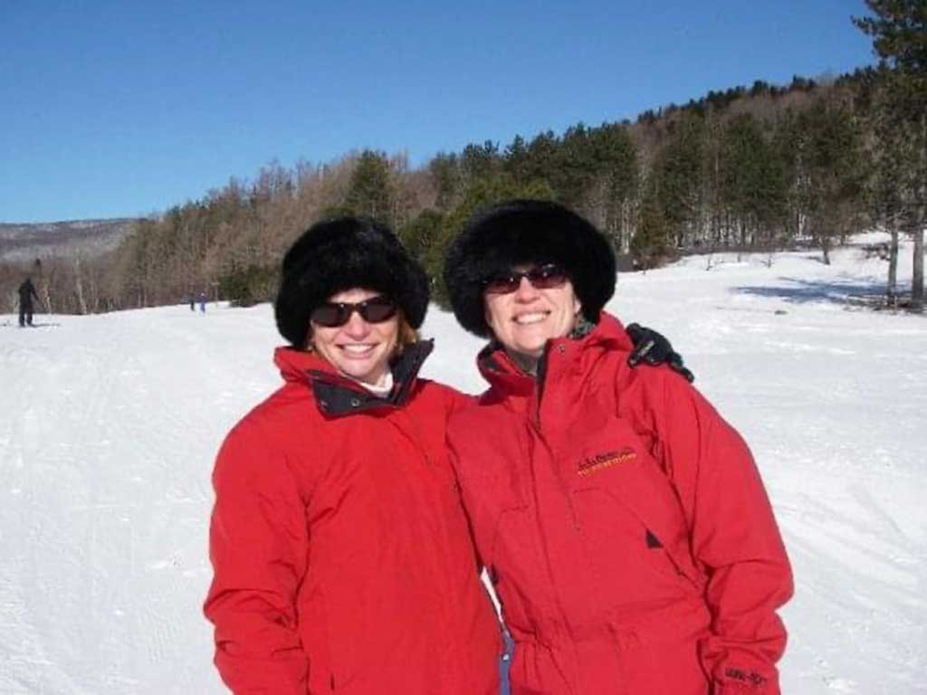 Nancy Dorrans and friend Roxanne skiing in Vermont