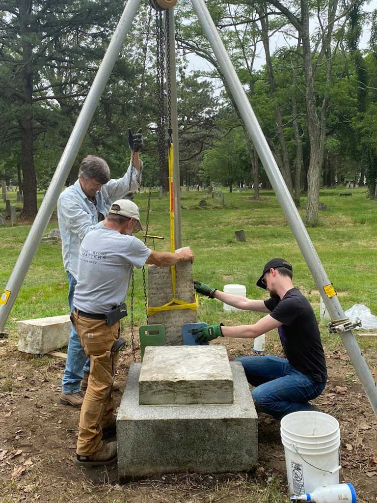Nutter family obelisk during restoration