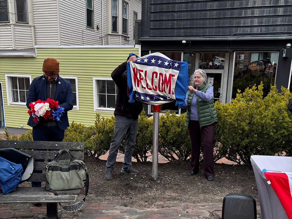 Volunteers set up Lafayette ceremony in Bramhall Square